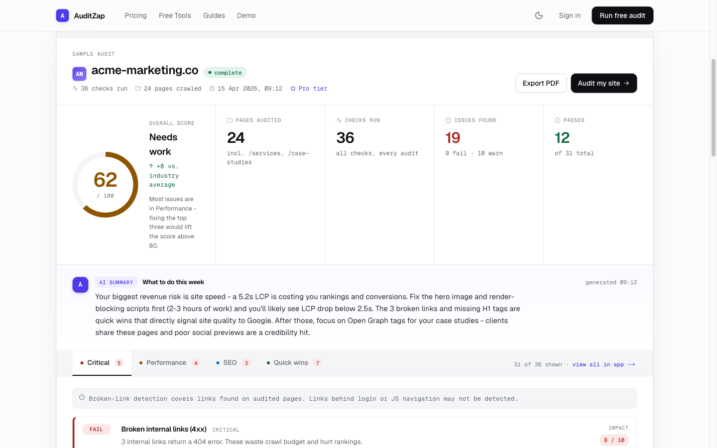 A sample audit in the redesigned results view