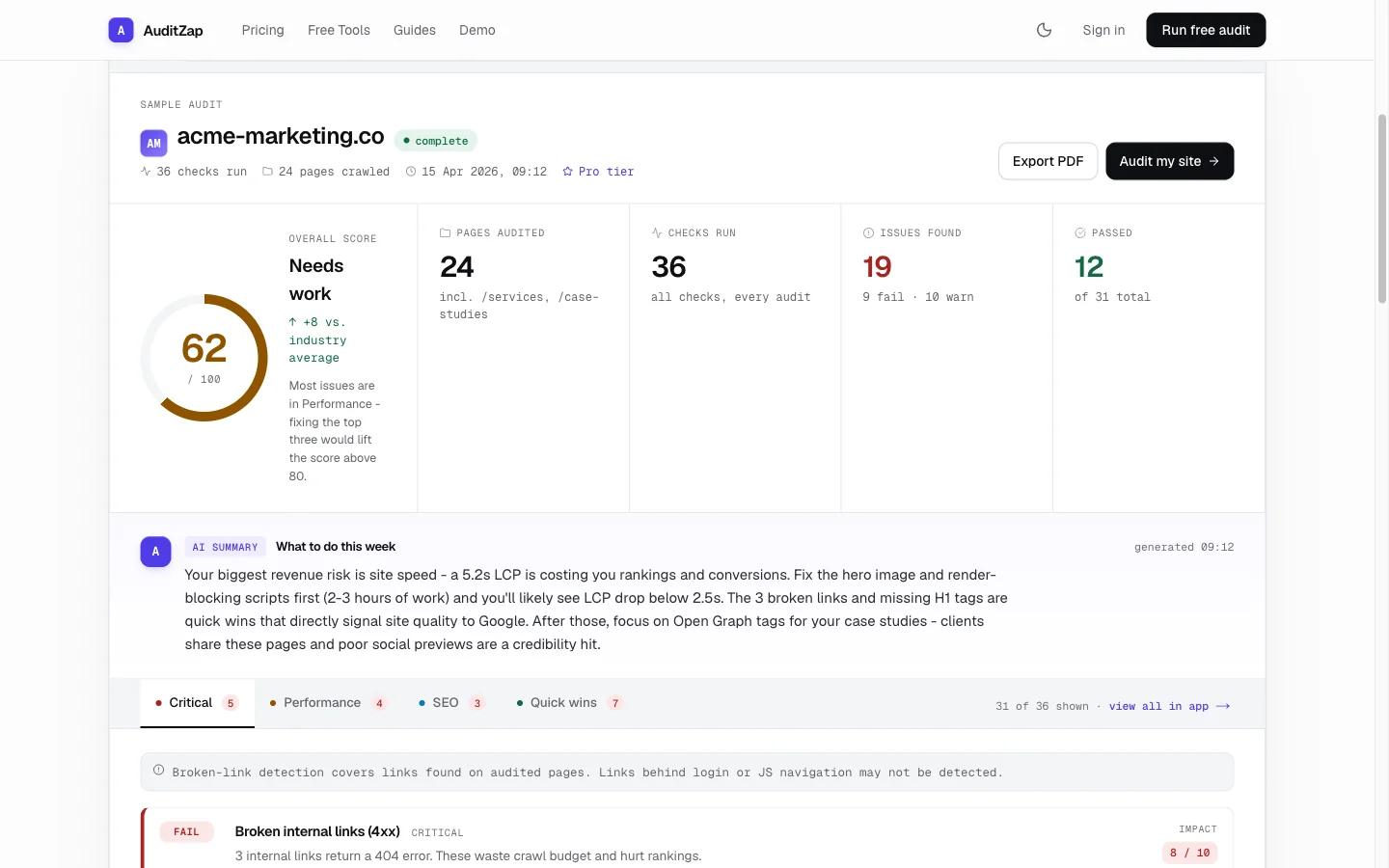 A sample audit in the redesigned results view