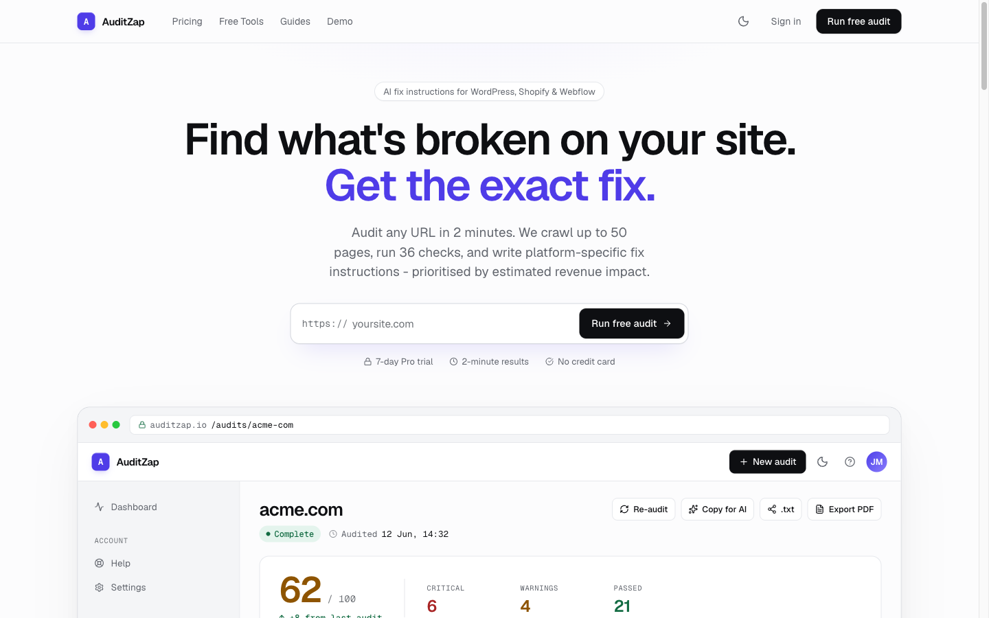 The redesigned AuditZap homepage