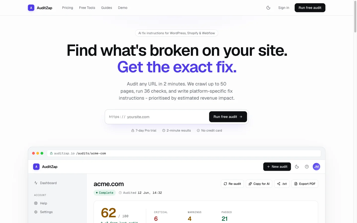 The redesigned AuditZap homepage