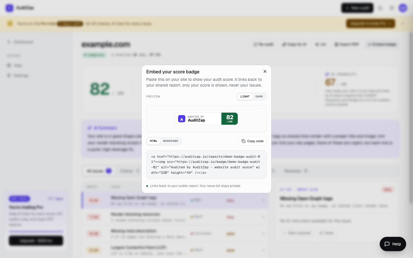 The Embed badge dialog open over an audit, showing a live badge preview, a light/dark toggle, and the copyable HTML snippet
