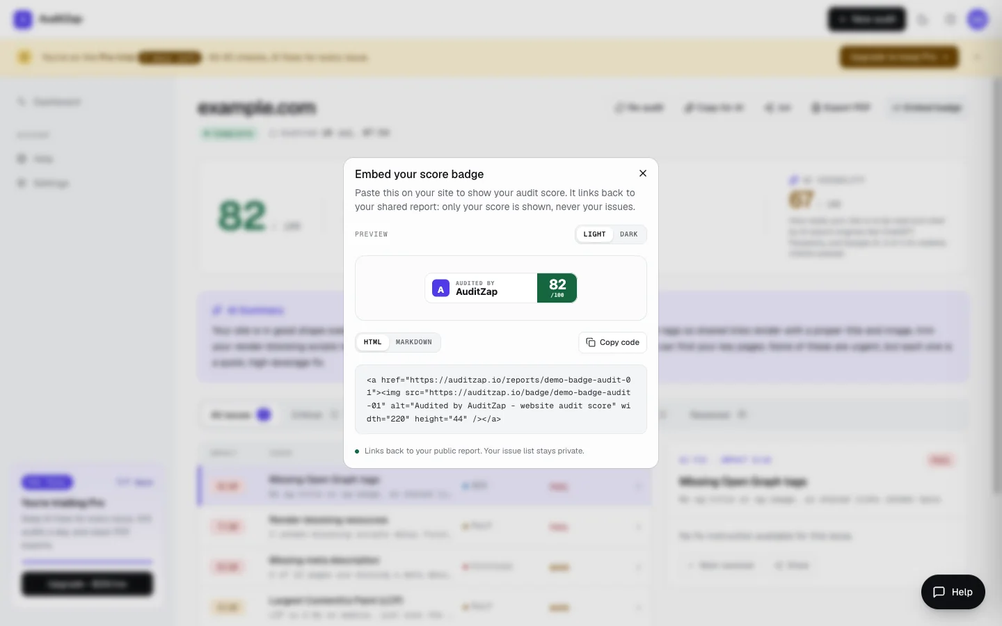 The Embed badge dialog open over an audit, showing a live badge preview, a light/dark toggle, and the copyable HTML snippet
