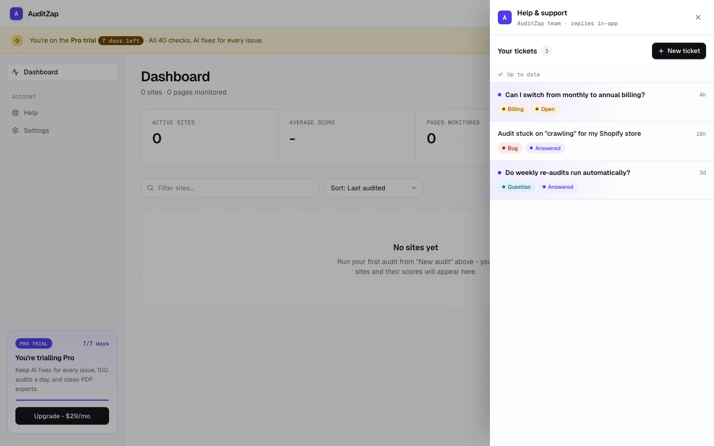 The floating Help panel sliding in over the dashboard, showing your open conversations