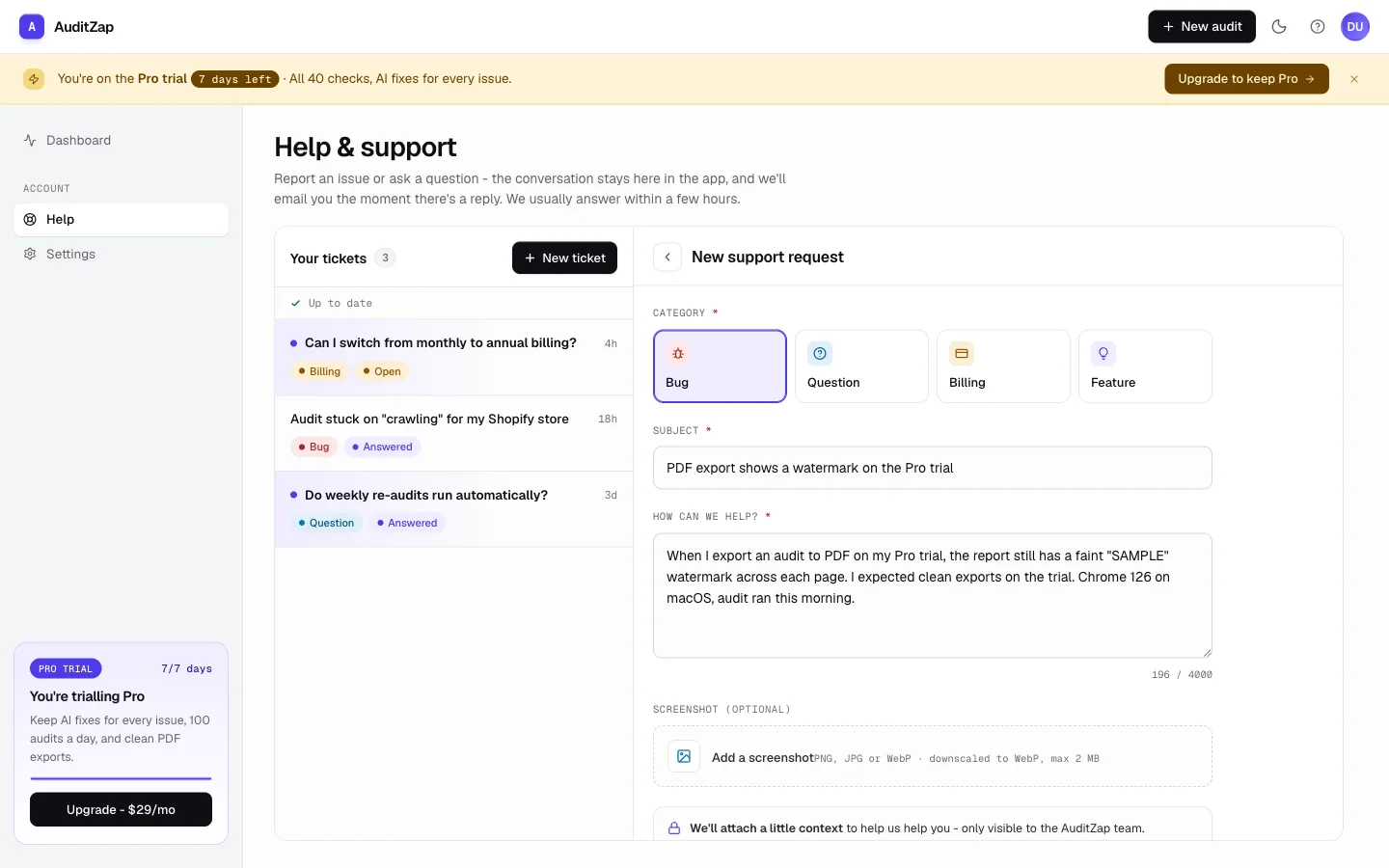 Starting a new support request: pick a category, add a subject and description, and optionally attach a screenshot
